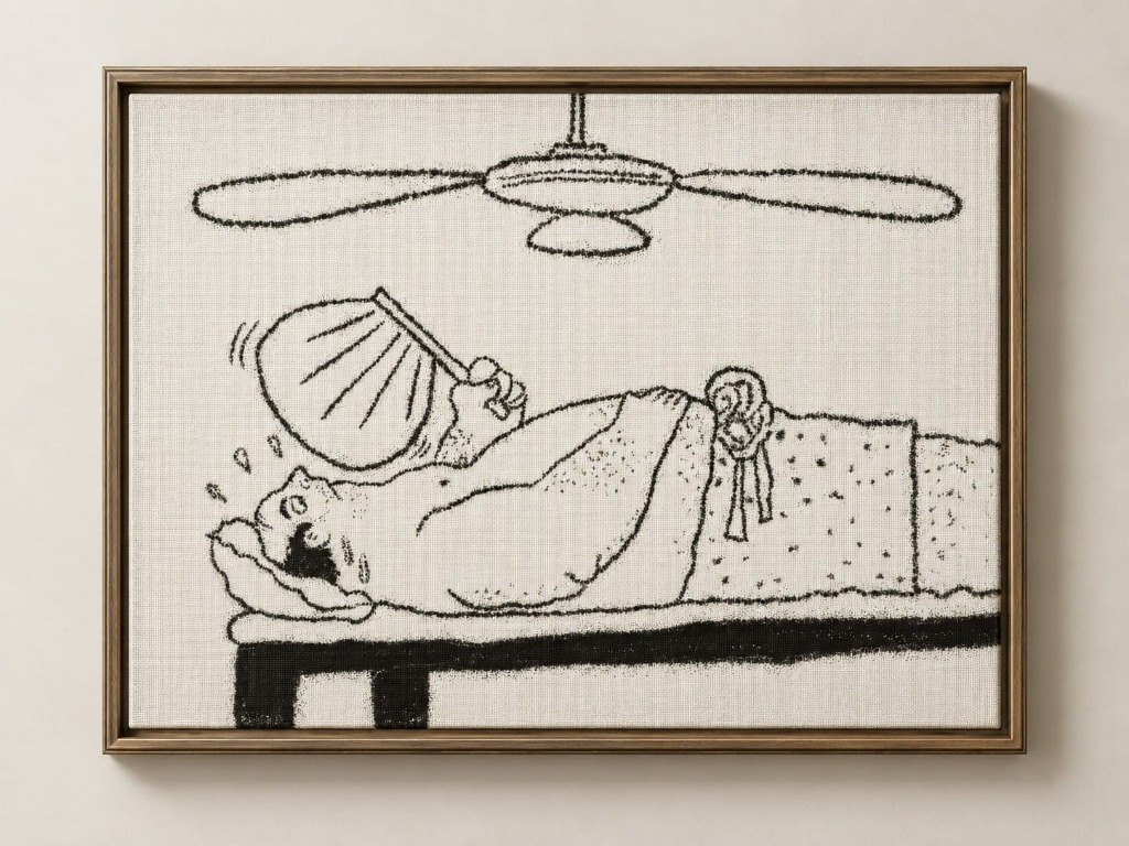 Framed monochrome charcoal drawing on textured canvas of a man lying in a hot Calcutta room fanning himself beneath a motionless ceiling fan during a power cut
