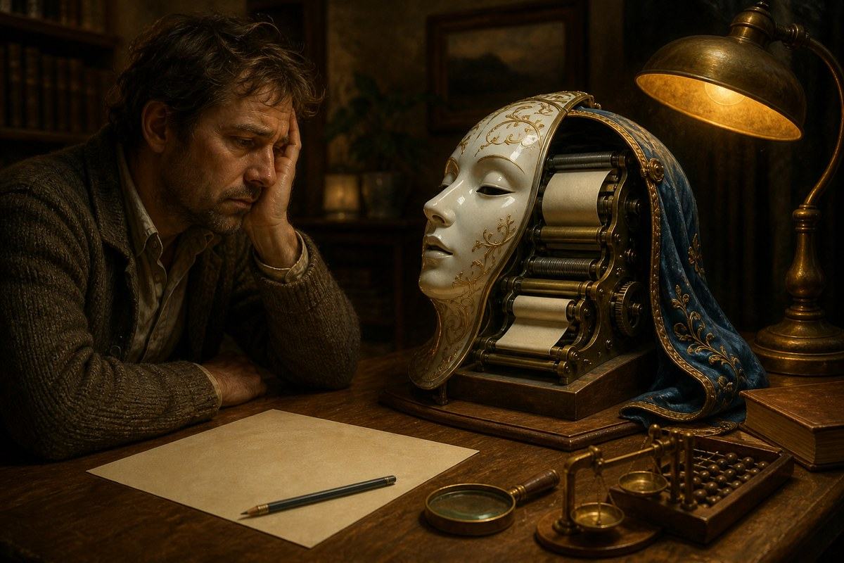 Tired man studies an ornate speaking mask hiding a simple paper-roller mechanism