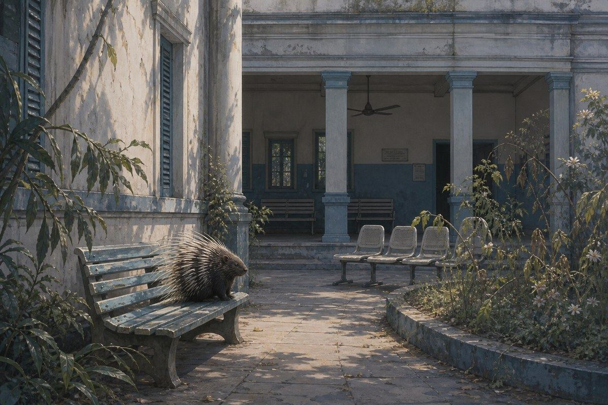 Gentle porcupine sits alone on a bench in a weathered public hospital courtyard