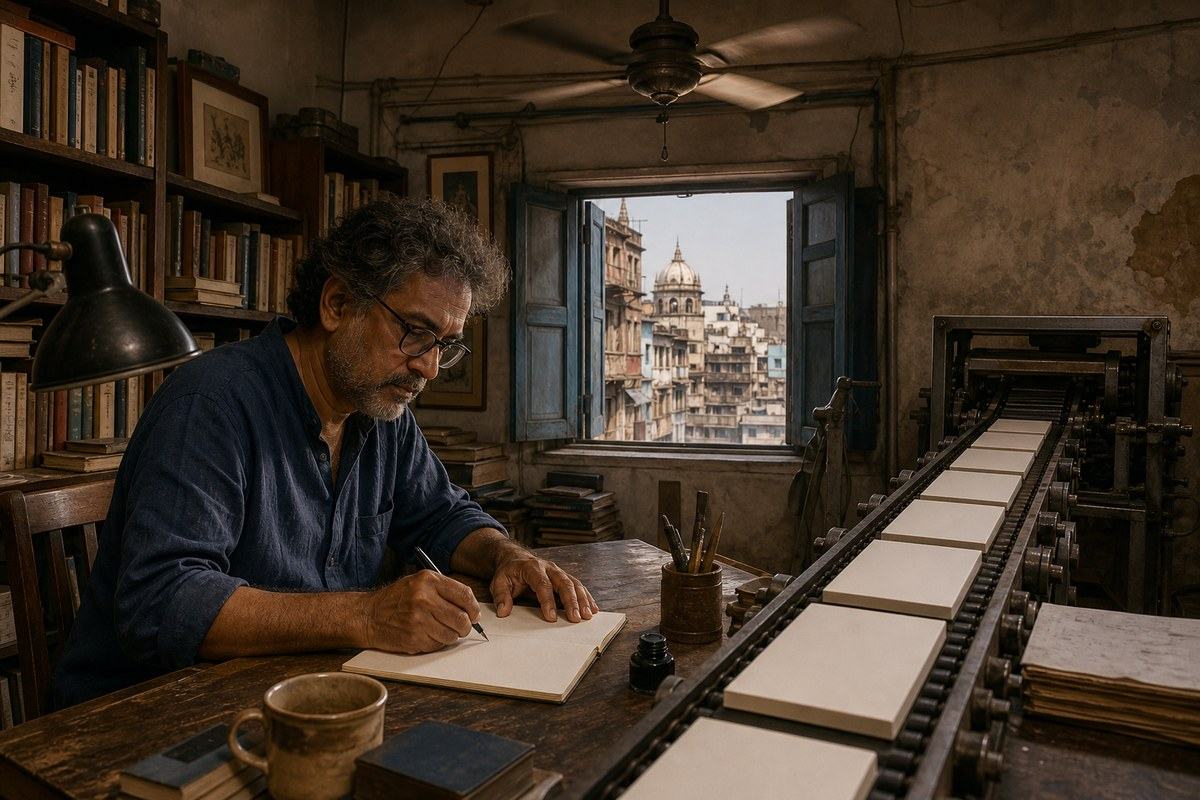 Calcutta writer chooses a blank page while a machine produces identical content tiles
