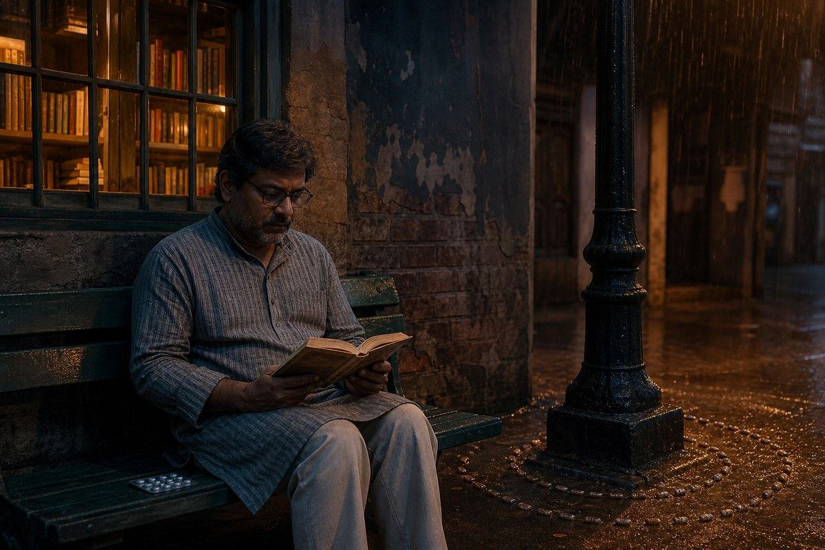Bengali reader under a streetlamp with books, medicine, and circling woodlice