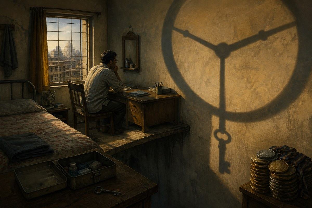 House-key pendulum and giant clock shadow loom across a rented Calcutta room