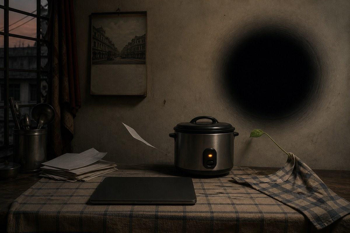 Rice cooker glows beside a black circular shadow tugging at blank papers