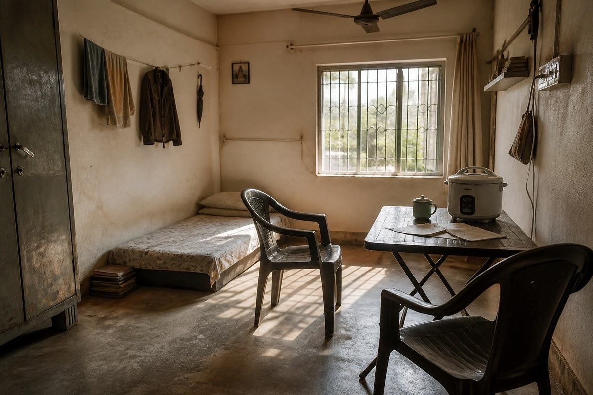 Rice cooker and empty chairs sit in the harsh stillness of a small rented room