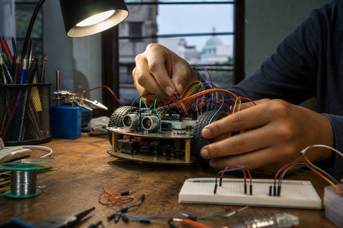 Beginner hands connecting a loose wire to a simple wheeled robot chassis