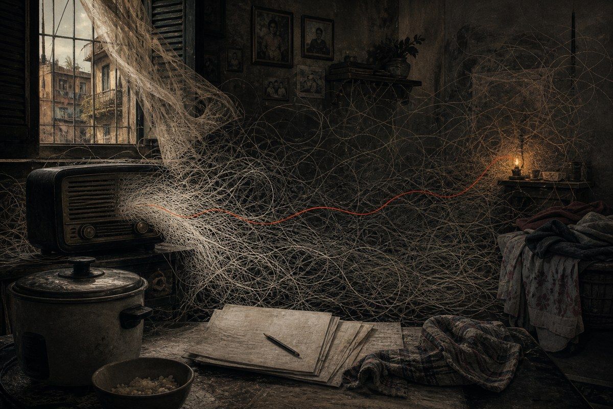 Tangled static threads fill a room while one red signal reaches a small lamp