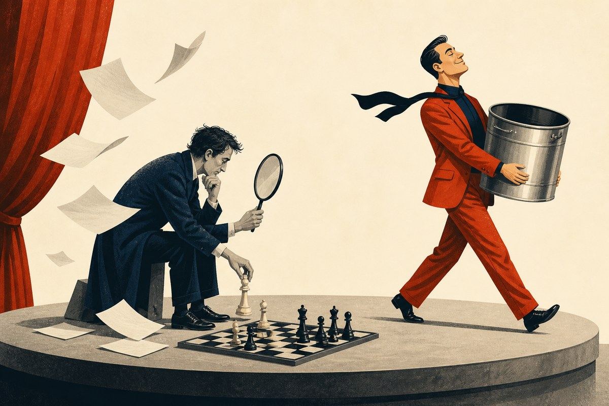 Thoughtful chess player with a mirror beside a confident figure carrying an empty tin