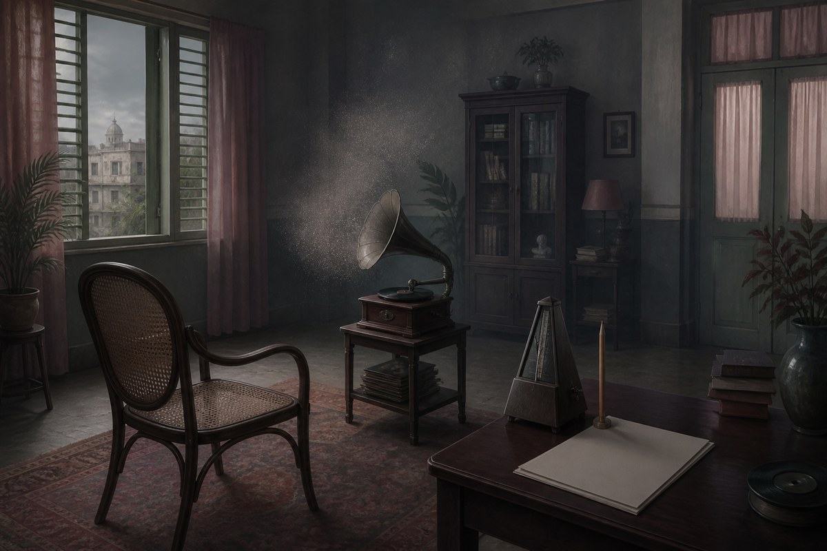Silent record player releases grey static across an empty Calcutta sitting room