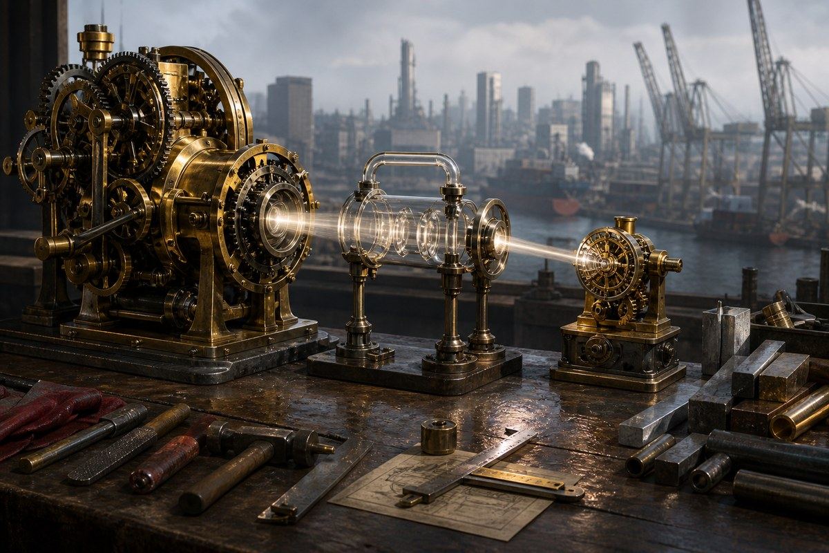 Large brass teaching machine distils light into a smaller copy