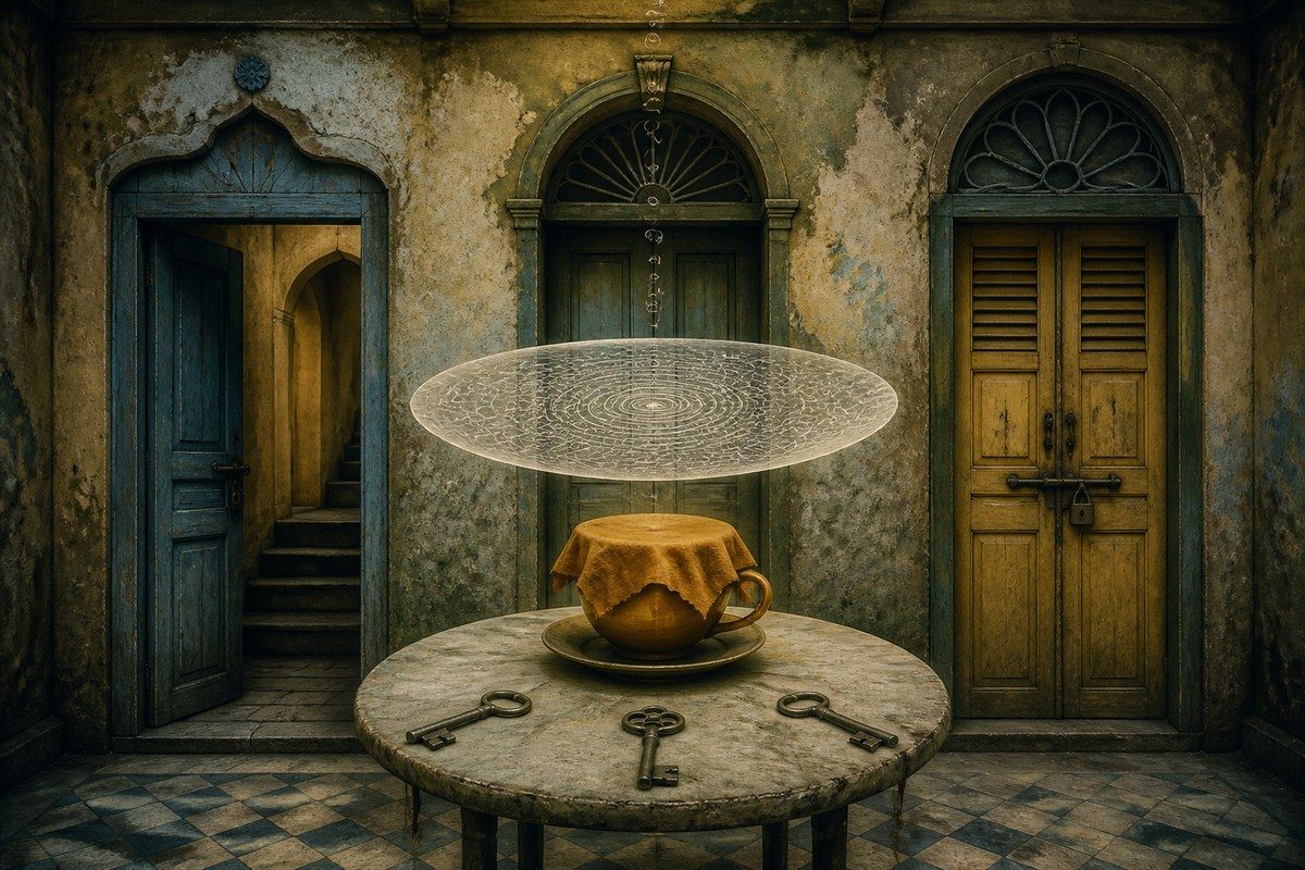 Translucent patterned membrane floats above tea between three mismatched doorways