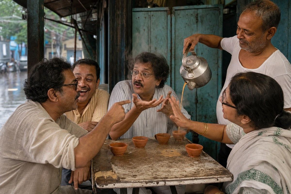 Friends debate animatedly over clay cups at a weathered Kolkata tea stall while the seller pours tea