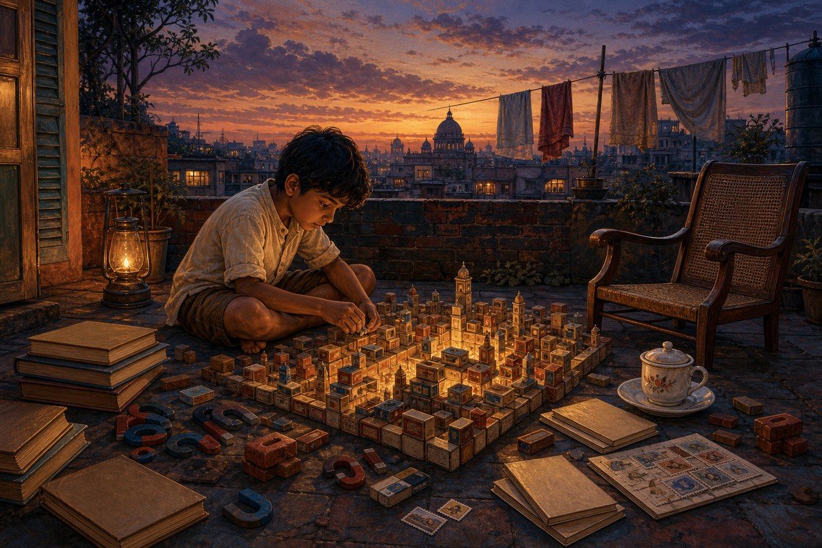 Bengali boy builds a glowing miniature city from matchboxes and books on a terrace