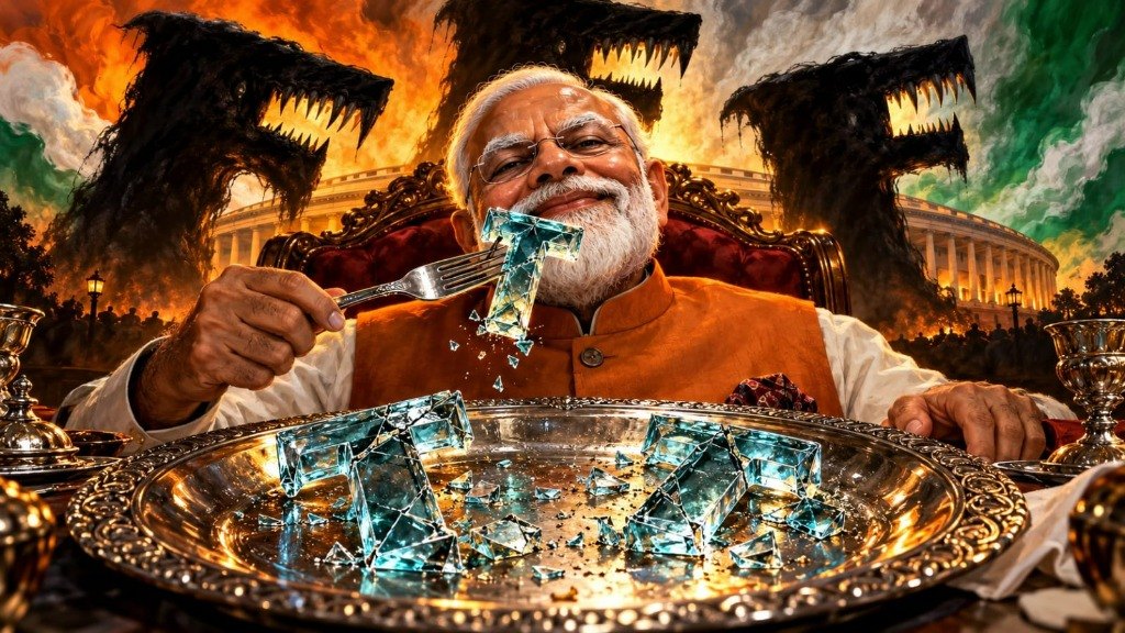 Narendra Modi smiling at a banquet table eating a shattered glass letter T with a fork from a silver platter, flanked by three monstrous wolf heads before the Indian Parliament building against a fiery tricolor background.