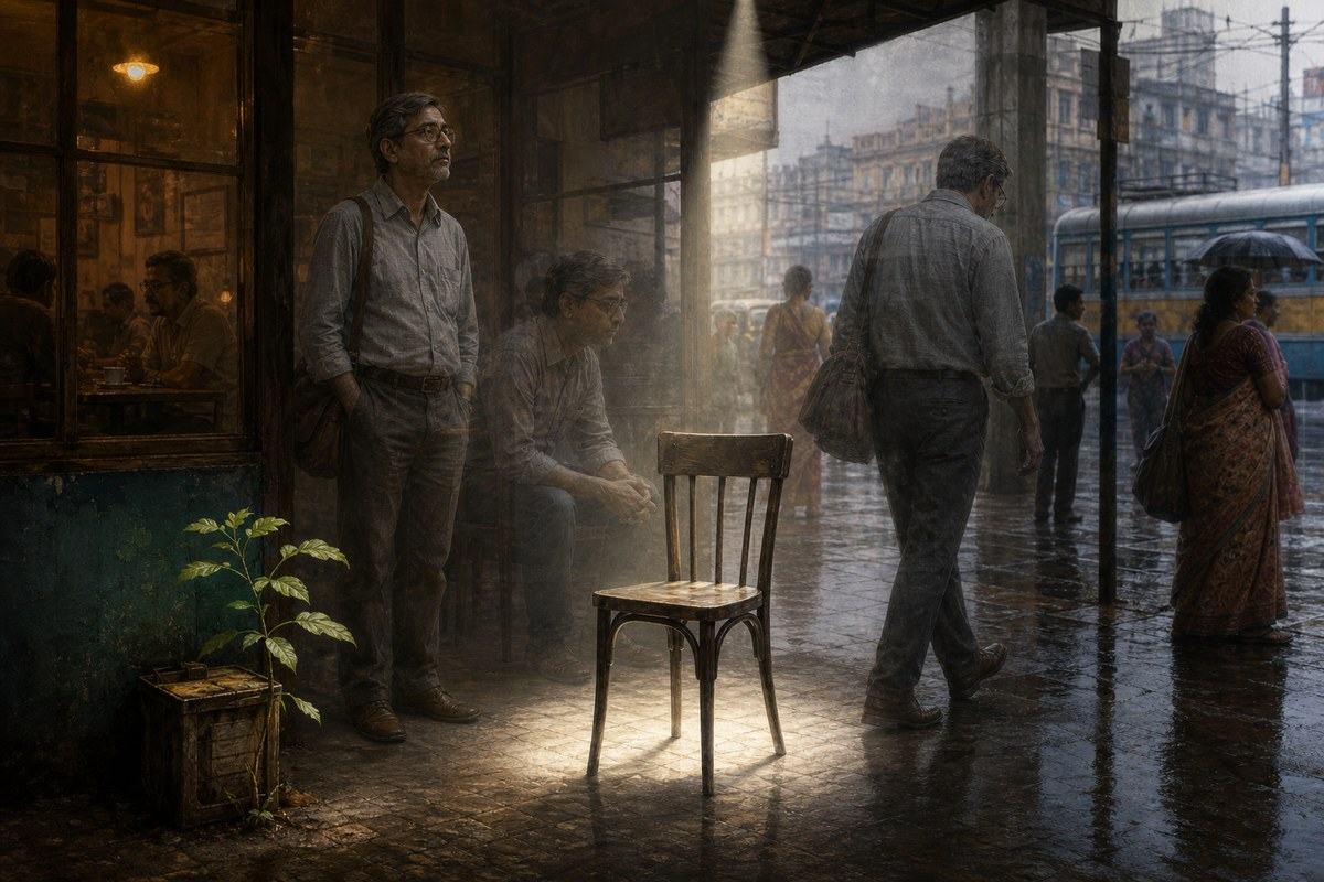 Translucent versions of one man occupy uncertain positions around an empty chair