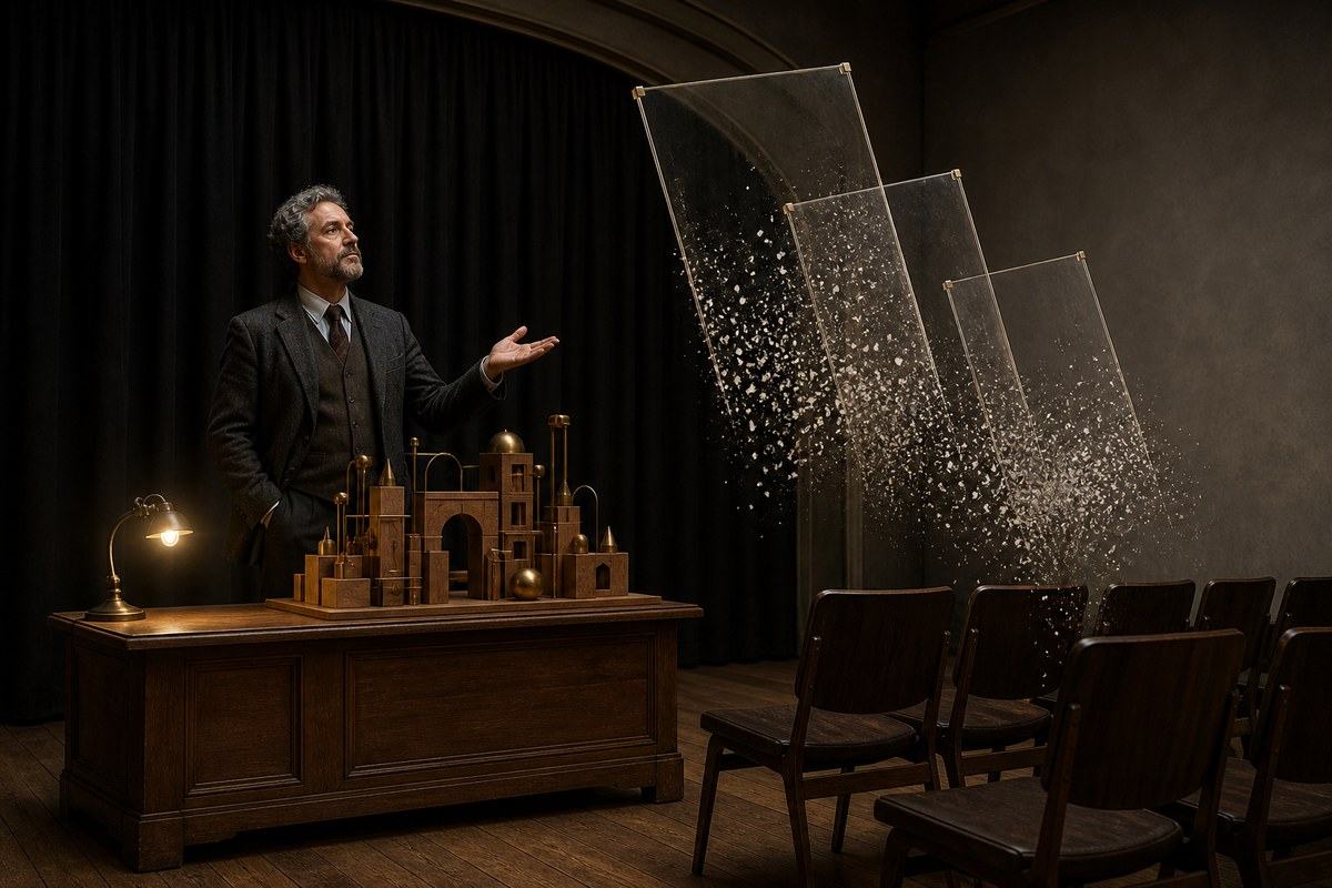 Consultant presents unmarked models as empty acrylic payment frames dissolve