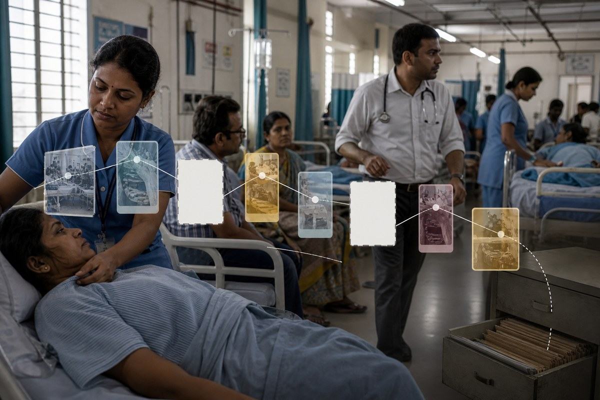 Nurse caring for a patient as missing evidence cards hover above a crowded Indian ward