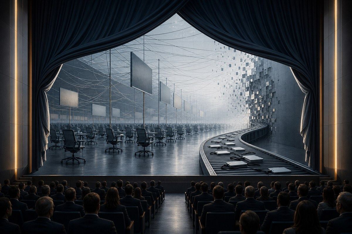 Theatre curtain reveals empty office chairs, blank panels, and dissolving identity badges