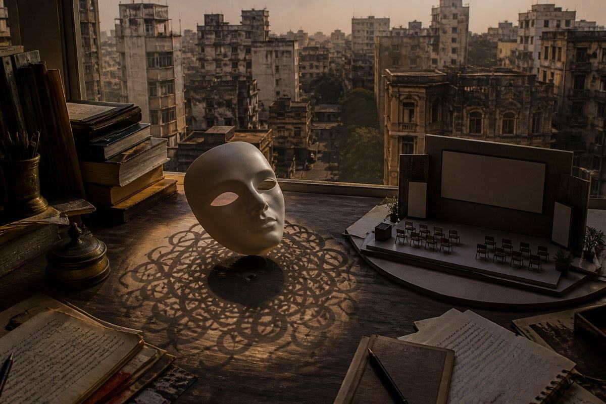 Neutral mask casts an intricate tangle of abstract lines across a Calcutta desk