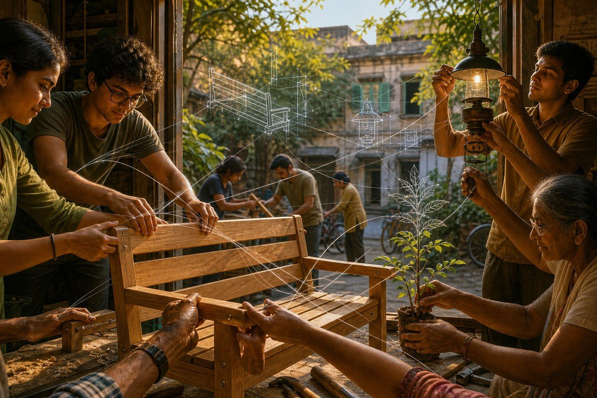 Cooperating hands turn faint guiding threads into a sturdy public bench