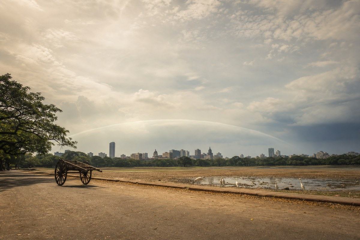 Handcart rests beneath a pale humid sky as distant monsoon clouds withhold rain