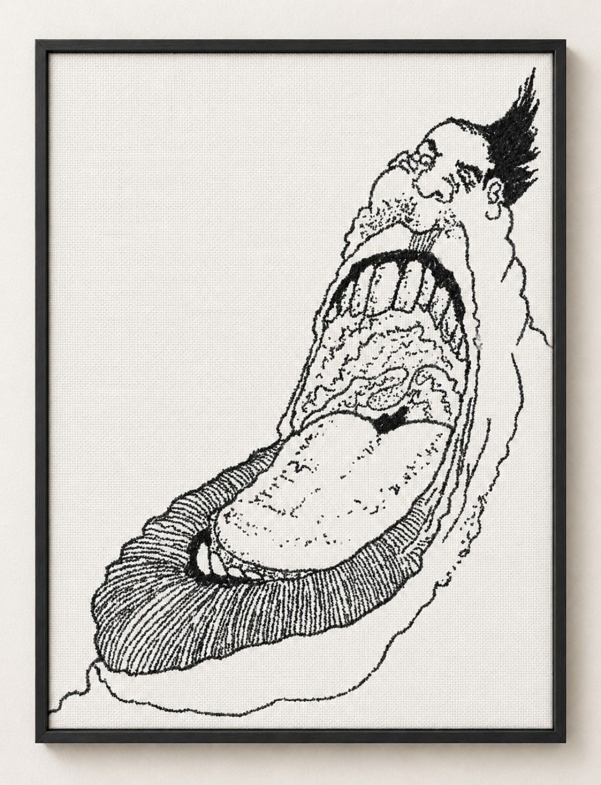 A framed black-and-white drawing of a wide-mouthed face with a protruding tongue on textured cloth canvas