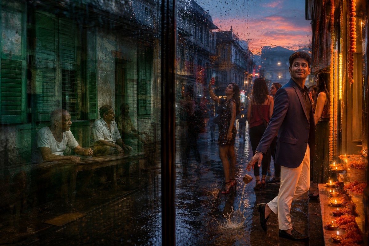 Old tea-stall reflection meets phone-lit nightlife on a rainy Kolkata lane