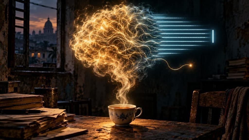 Luminous steam rising from a teacup on a wooden desk forms a glowing neural brain projecting cyan light beams, inside a Calcutta room overlooking the Victoria Memorial at dusk.