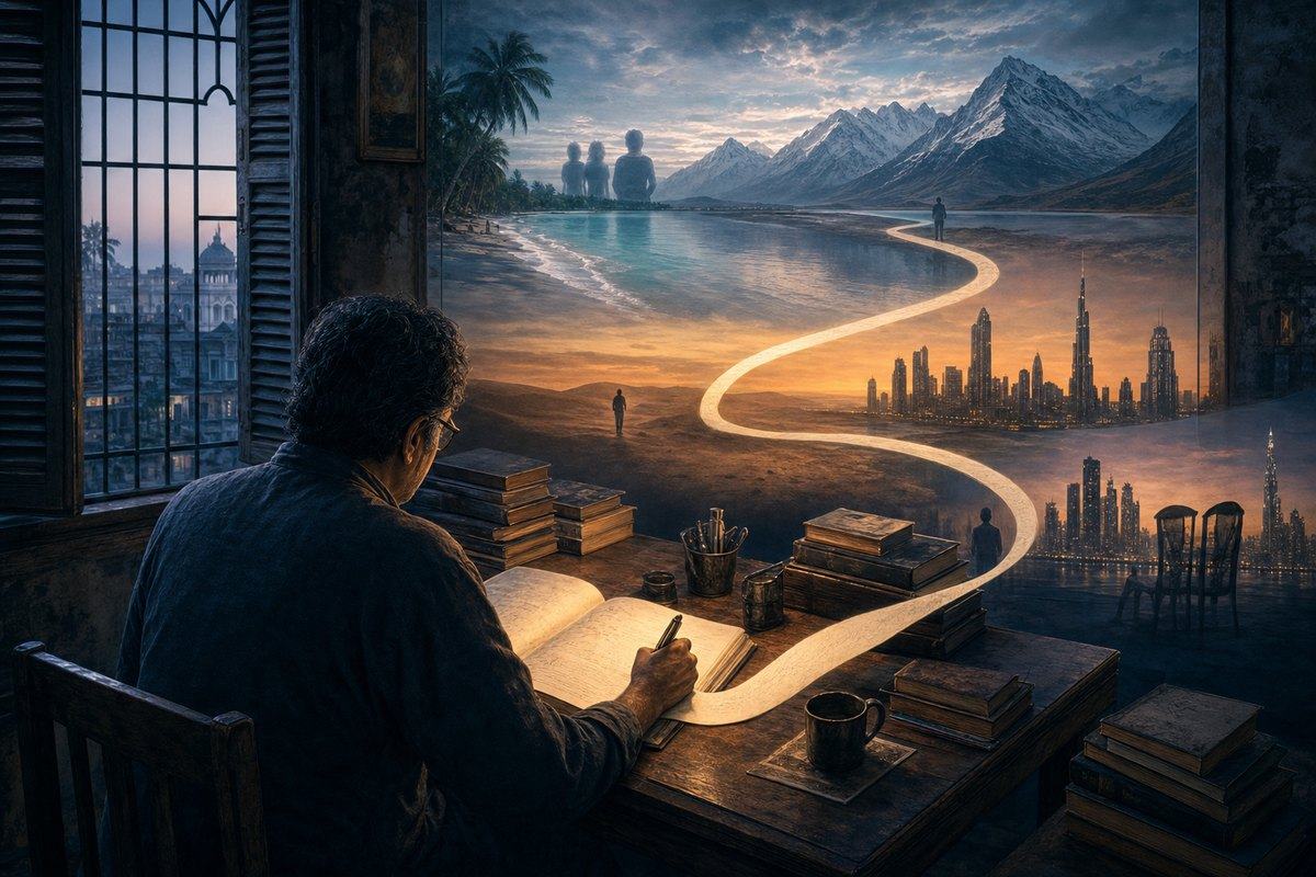 A man writes at a desk as a glowing path winds through cities, mountains, tropical shores, and distant figures.