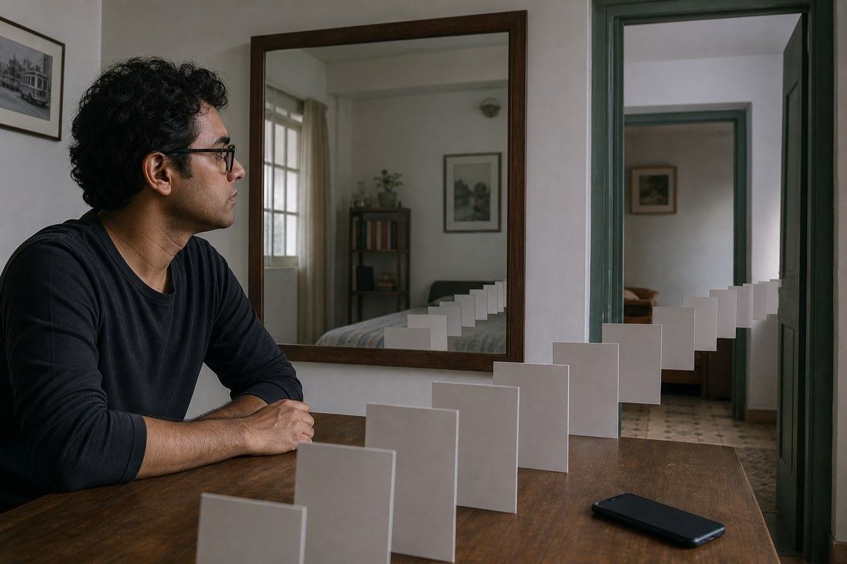 Bengali man in a mirrored room facing a path of blank cards and a face-down phone