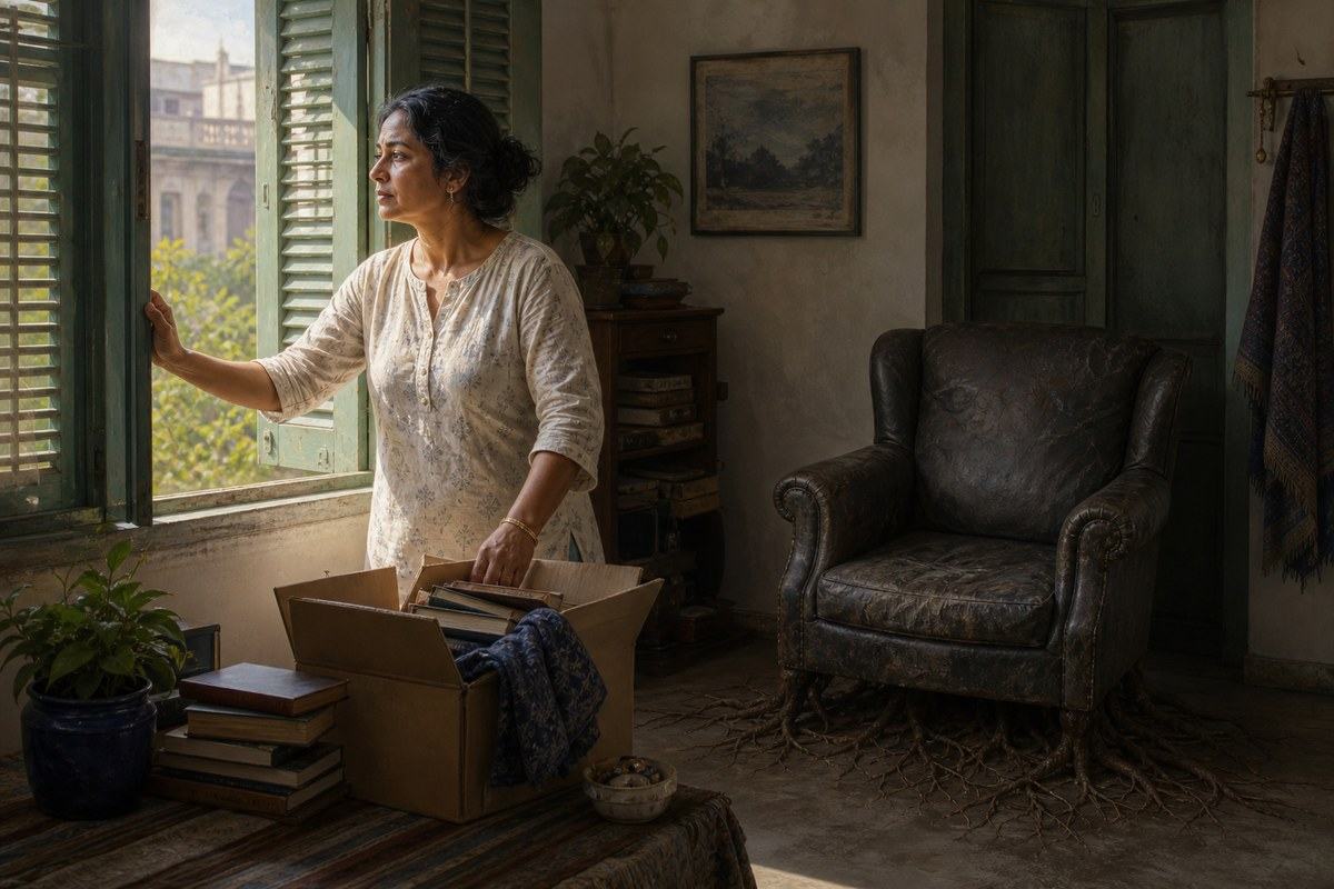Bengali woman opening shutters while a weathered rooted armchair remains behind