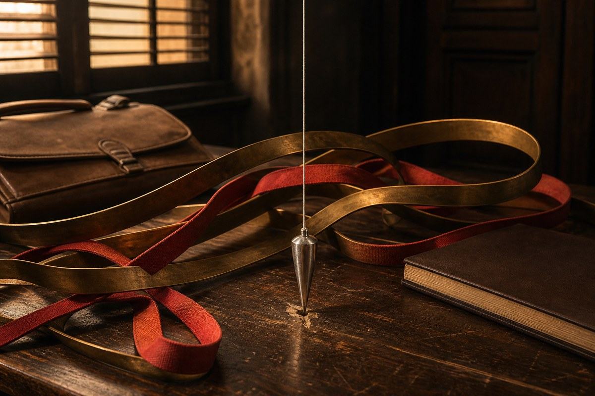 Straight silver plumb line amid warped brass strips and plain red ribbon