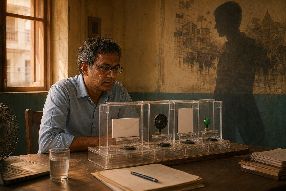 Middle-aged Bengali consultant facing a transparent machine with email, call, and invoice symbols