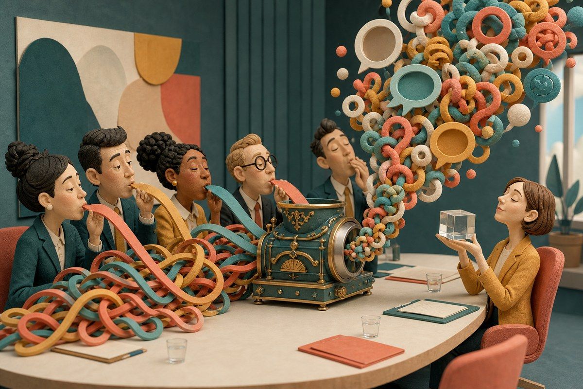 Meeting participants feeding tangled speech ribbons into a machine while plain truth waits