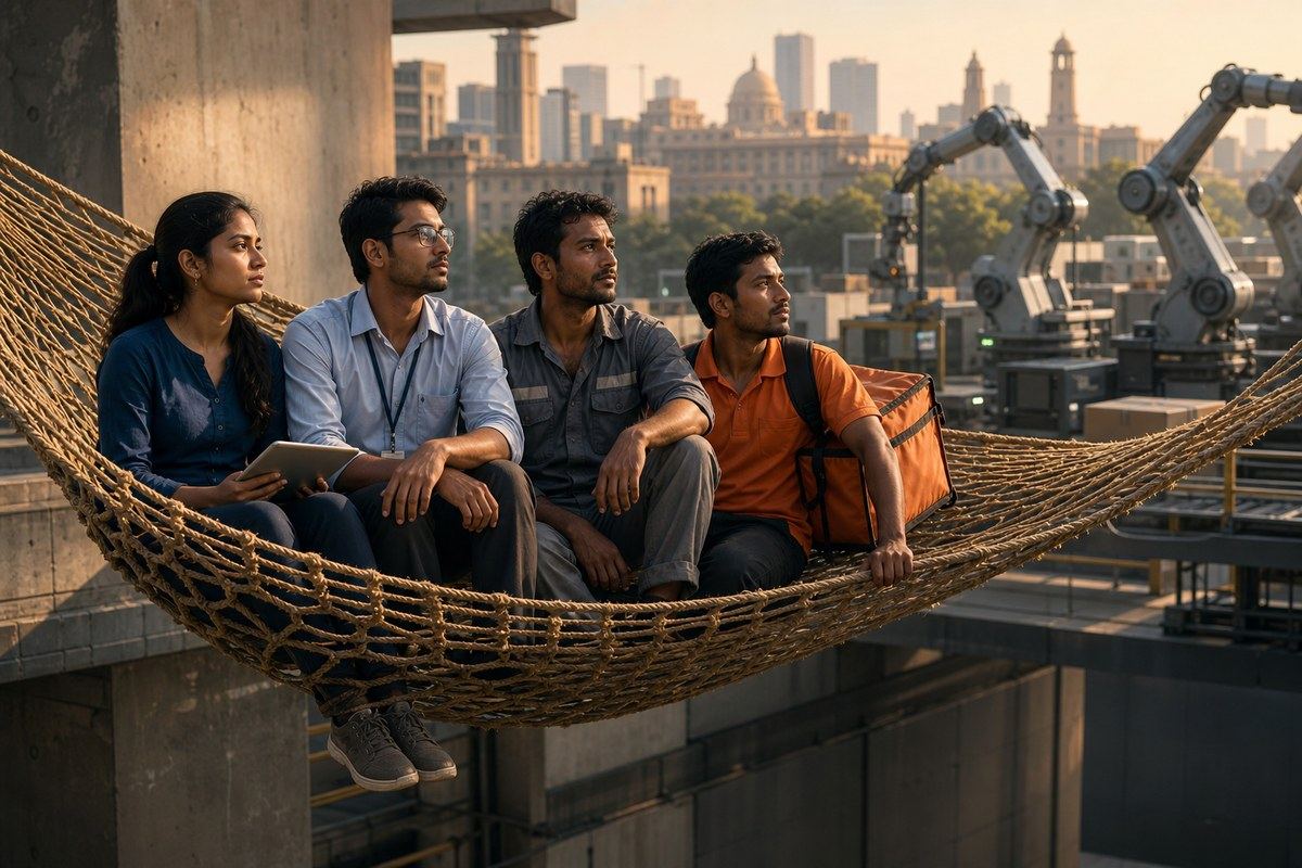 Indian workers sit in a woven safety net stretched across a gap between a city and automated machinery