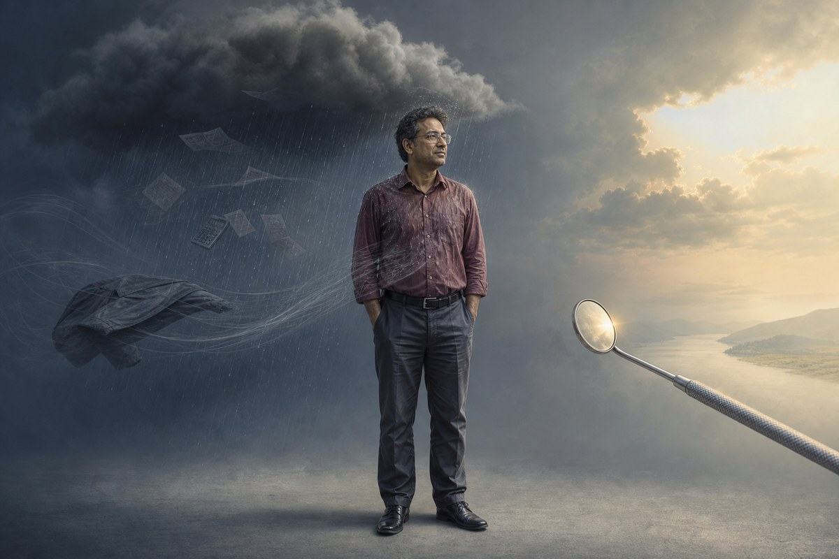 Middle-aged Bengali man standing inside a personal weather system of rain, wind, and clearing light