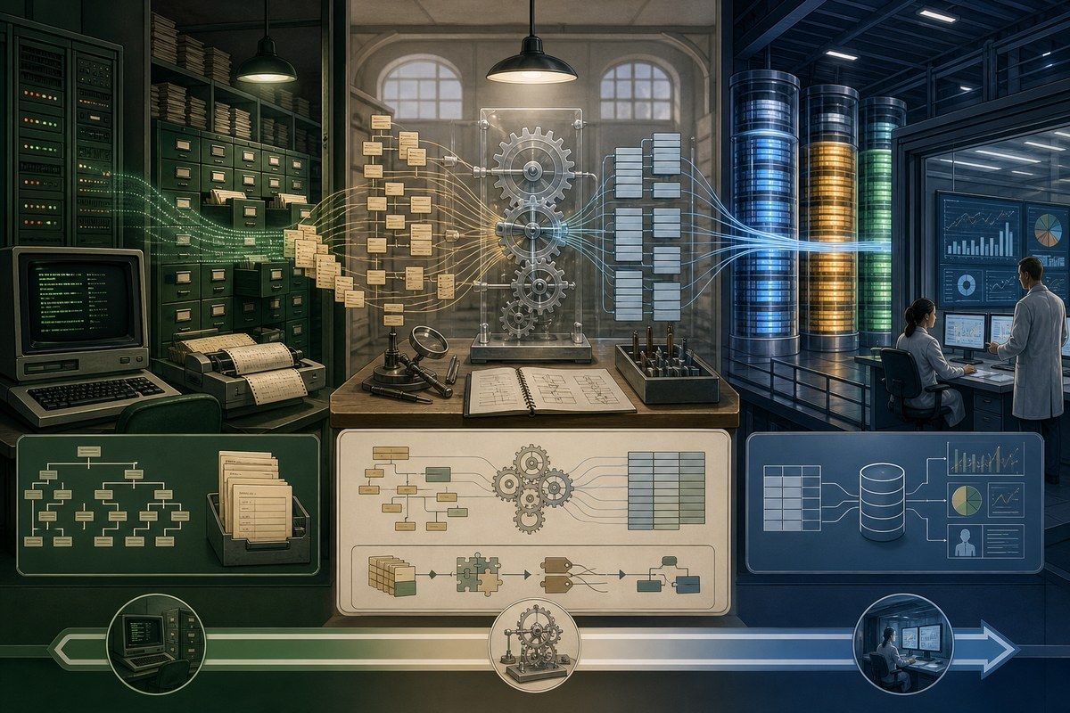 Legacy green terminals and mapping layers connected to a modern clinical data warehouse