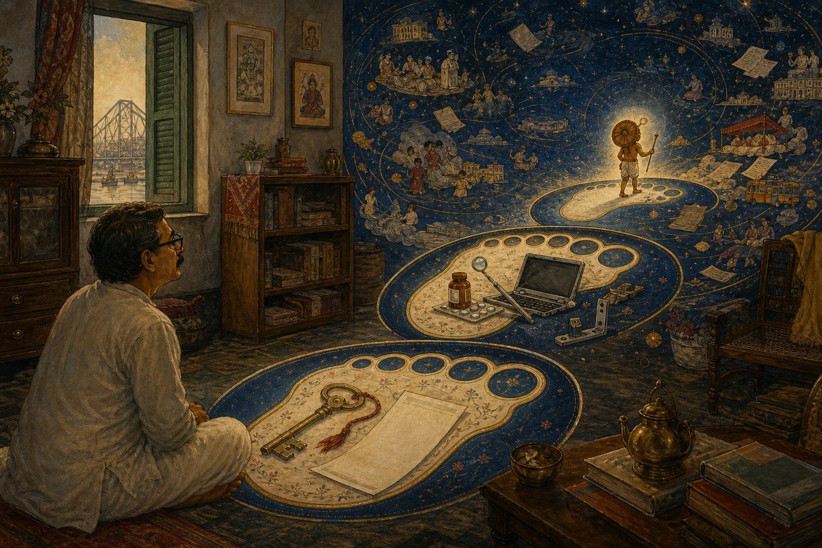 Bengali man watching three luminous mythic steps cross a room through rent, medicine, and repairs
