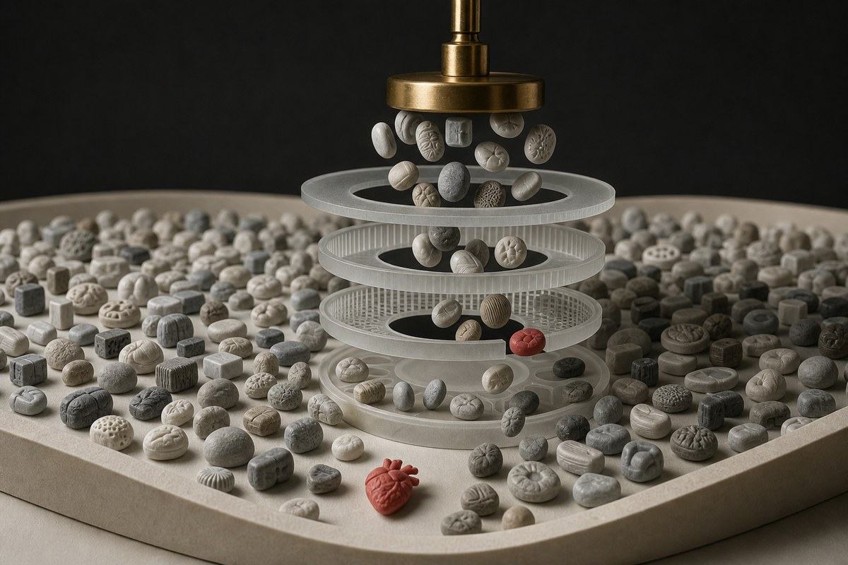 Clinical data stones passing through filters toward a brass search magnet
