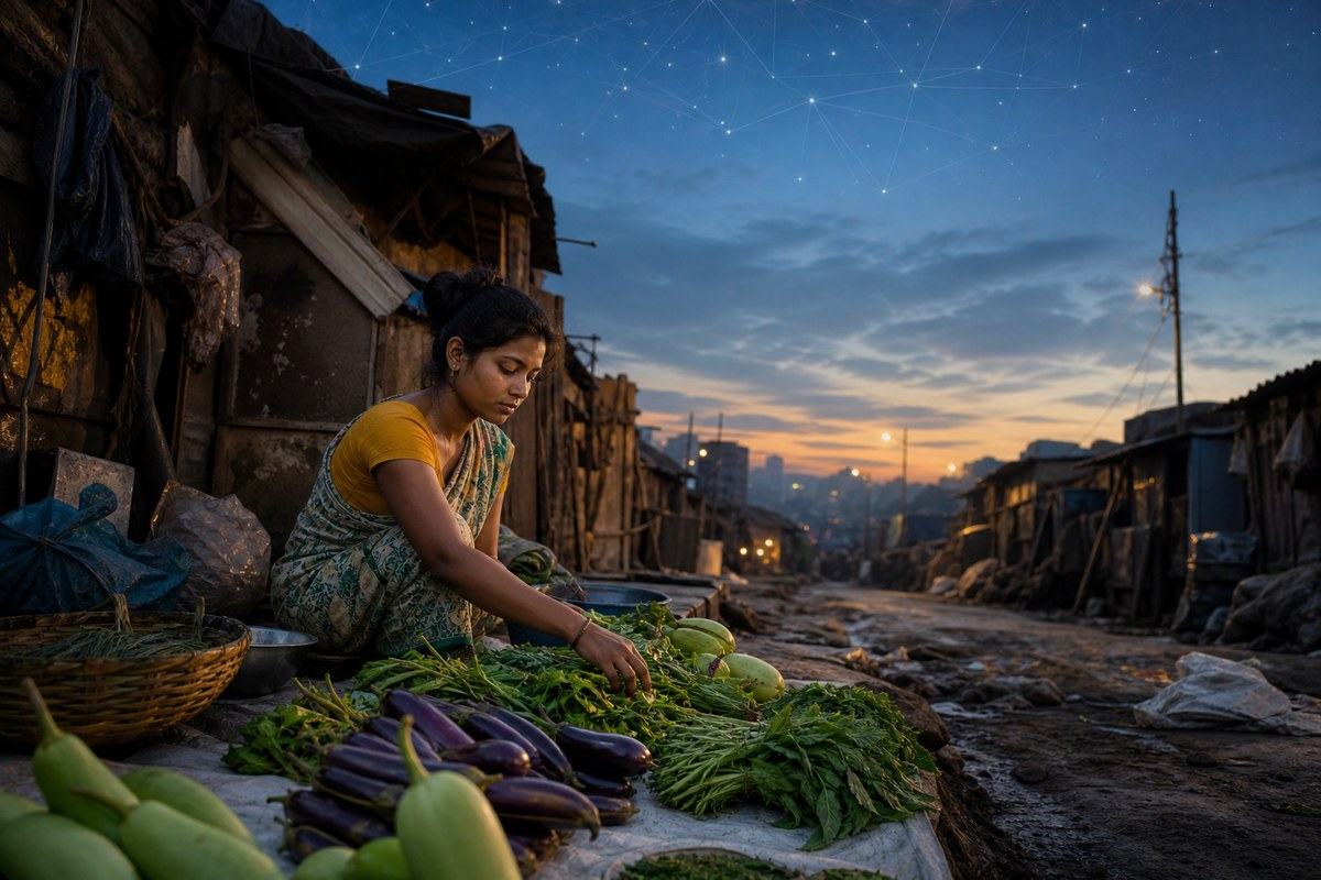 Young vegetable seller arranging aubergines and greens in a Calcutta lane before dawn