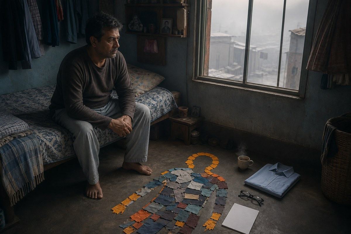 Bengali man sitting on his bed as colourful scraps assemble into a human-shaped pattern