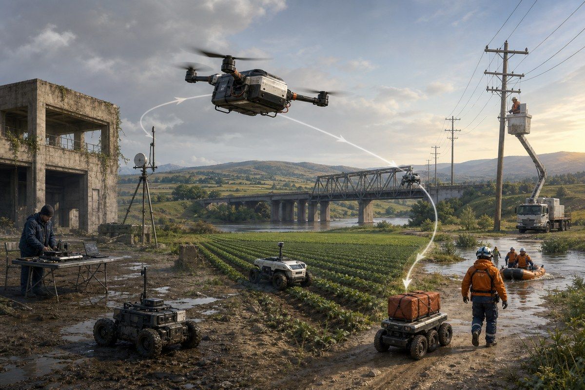 Civilian drone and robots inspect crops, bridges, power lines and floods
