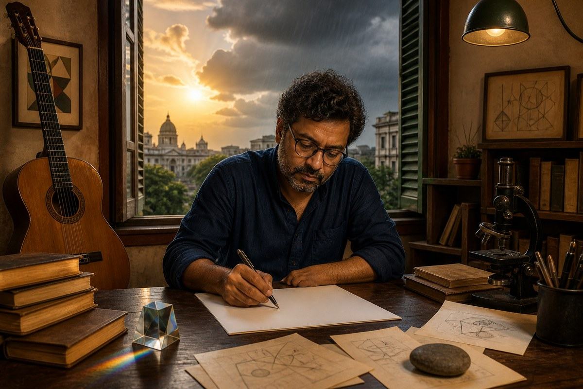 Bengali writer at a desk with books, guitar, prism, microscope, and changing Kolkata weather