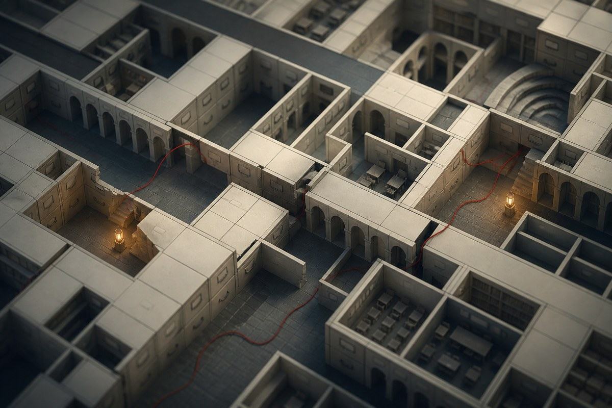 Orderly institutional maze misses a crimson thread slipping through its broken seams