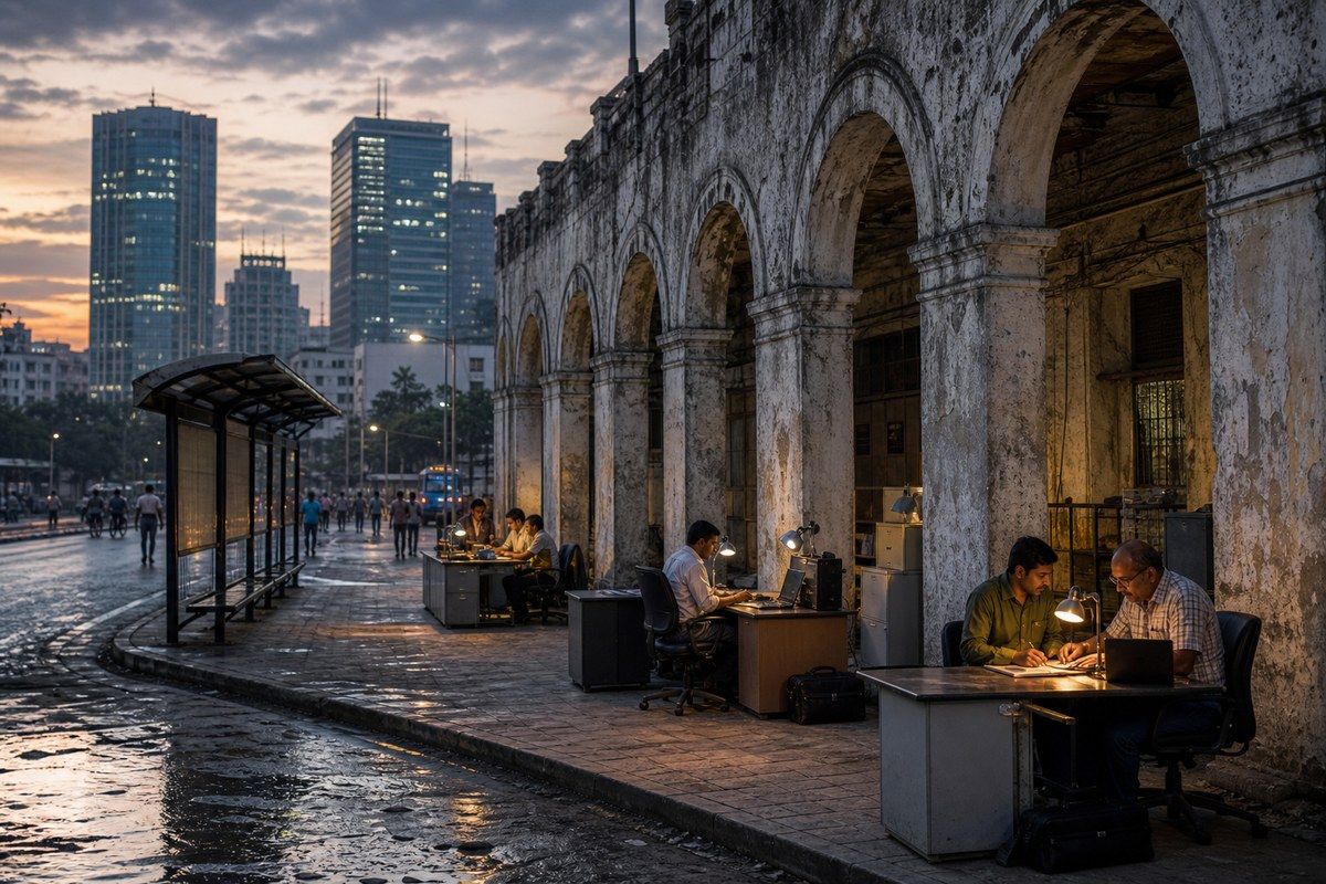 Repurposed office furniture becomes small work stalls at Calcutta’s derelict edge
