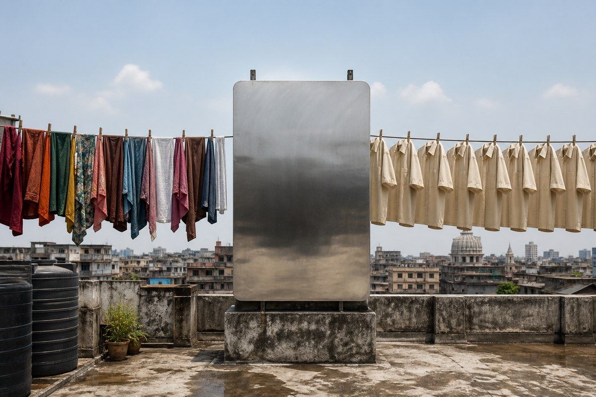Varied rooftop laundry emerges from a metal screen as identical beige shirts