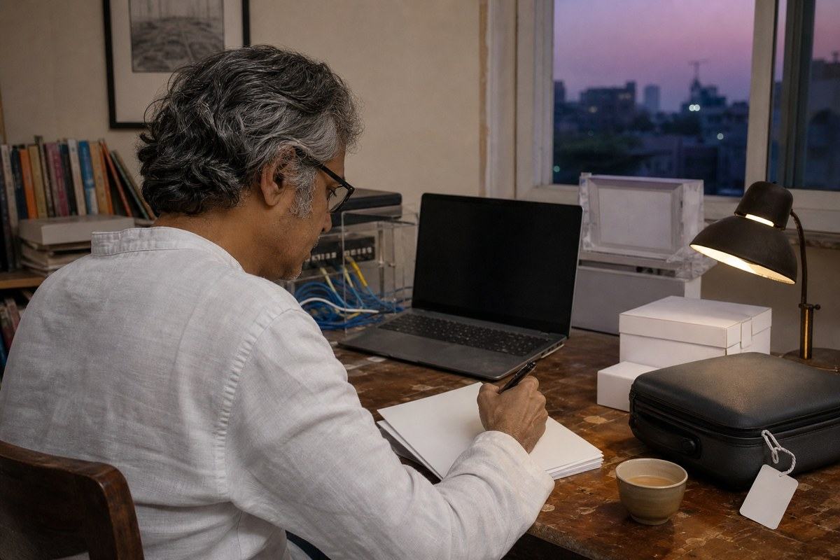 Silver-haired Bengali architect writes beside blank screens, cables and a travel case