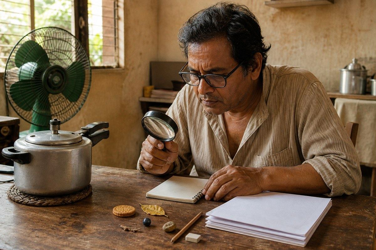 Calcutta writer studying a biscuit and other small household objects with a magnifying glass
