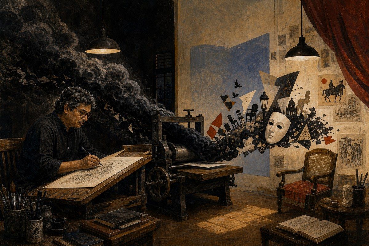 Bengali writer using a paper press to turn a private storm into masks, drawings, and light