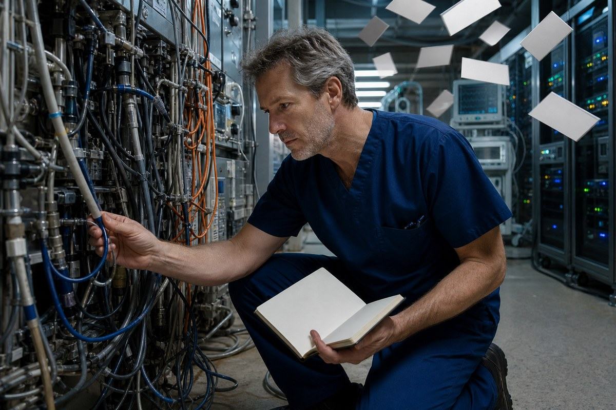 Healthcare systems practitioner tracing a real cable amid drifting blank answer cards