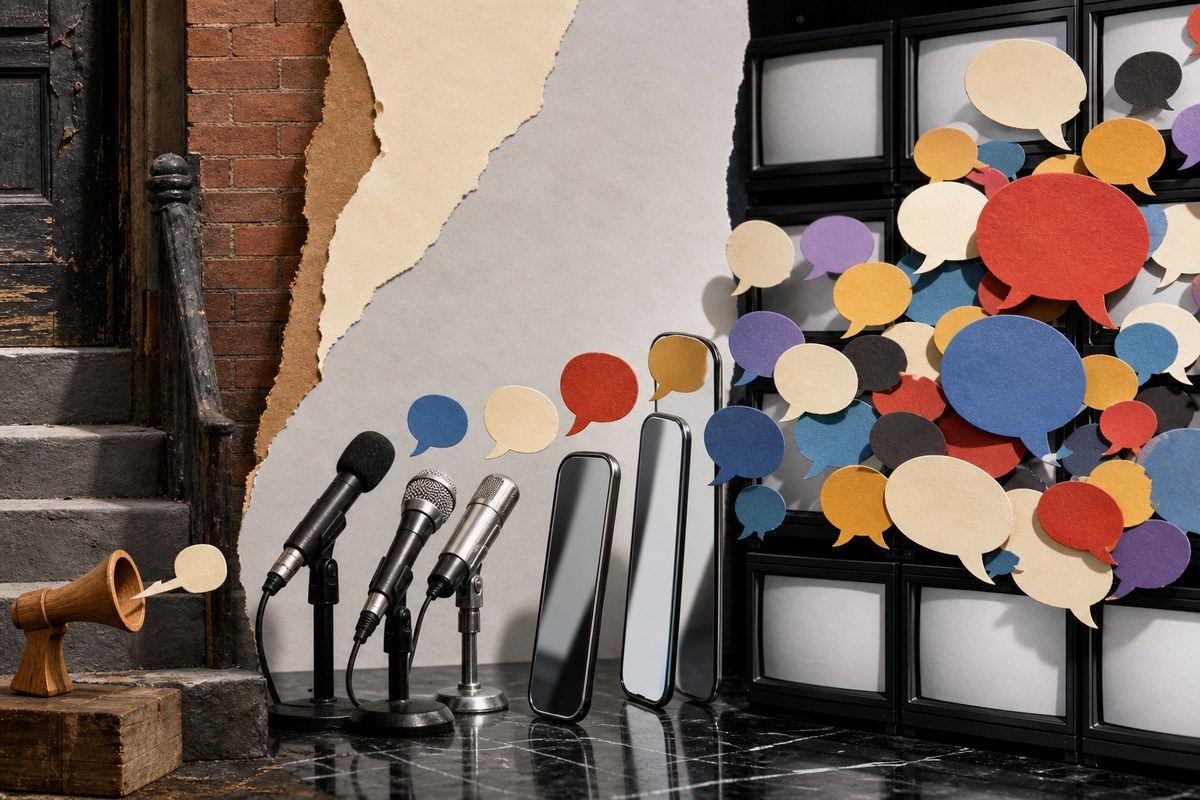 Tiny street speech bubble multiplies through microphones, screens and televisions